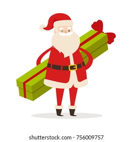 Standing Santa with long green present with red ribbon on white background. He wears red warm coat, trousers, hat and gloves, black boots and wide belt. Man with long white beard vector illustration