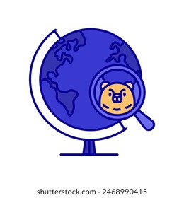 A standing school globe with a magnifying glass through which the face of a bear is visible. An icon blue violet colored and made on a white background for education.