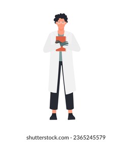 Standing scientist with folder. Research specialist in laboratory uniform vector illustration