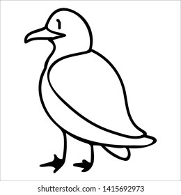 Standing seagull monochrome line art cartoon vector illustration motif set. Hand drawn isolated seaside wildlife elements clipart for nautical birdwatching blog, bird graphic, feather web buttons.