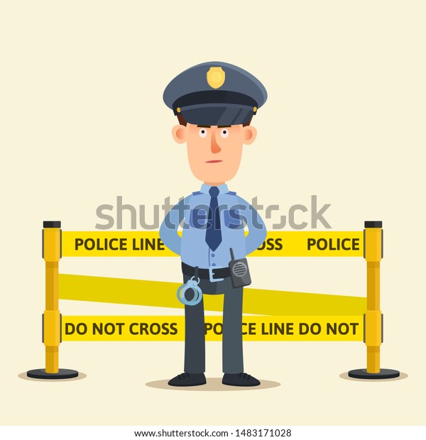 Standing serious policeman near the fenced area
with yellow tape.
Police line do not cross. No way, crime scene.
Vector illustration, flat design cartoon style. Isolated
background. Front
view.