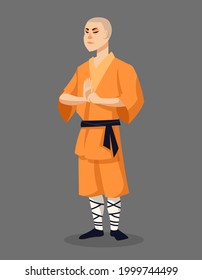 Standing Shaolin monk. Male character in cartoon style.