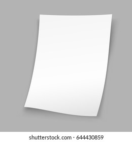 Standing sheet of white paper with shadow on gray background. Empty document template. Author writer show product