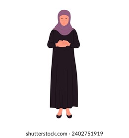 Standing shy muslim businesswoman. Smiling arabic female manager in black robe cartoon vector illustration