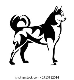 standing siberian husky black and white vector outline - malamute sled dog portrait design