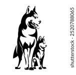 standing siberian husky and puppy by her side black and white vector outline - malamute sled dog breeding kennel emblem design