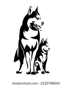 standing siberian husky and puppy by her side black and white vector outline - malamute sled dog breeding kennel emblem design