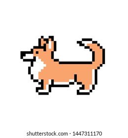 Standing side view orange corgi puppy, pixel art icon isolated on white background. Cute funny dog character. Old school 8 bit slot machine/video game graphics.
