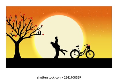 standing silhouette of a pair of lovers cuddling under the moonlight, with the love tree and beloved bicycle. backlight and moonlight