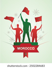 Standing silhouette proudly brandishing a Moroccan flag. 