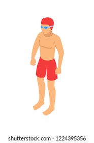 Standing single swimmer cartoon vector emblem. Man in diving clothes, glasses and hat, shorts and swimming equipment icons, ready to start floating