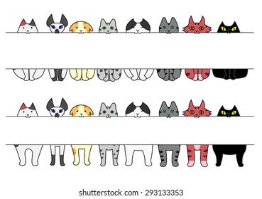 standing and sitting cats with board in their mouths