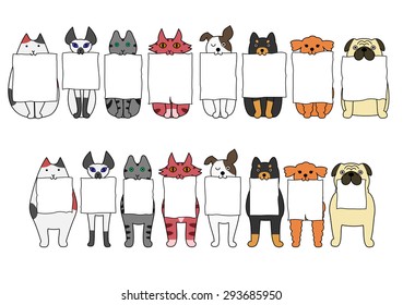 standing and sitting cats and dogs with board in their mouths