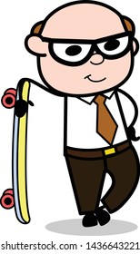 Standing with Skateboard - Retro Cartoon Father Old Boss Vector Illustration
