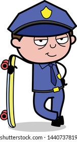 Standing with Skateboard - Retro Cop Policeman Vector Illustration