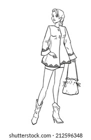 Standing slender young beautiful lady with blonde hair in full length. Girl is dressed in autumn clothes, raincoat,short skirt,boots. Black and white image drawing by lines. Isolated cartoon vector. 