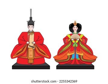 Standing smart and Cute Japanese dolls in festival or child day or girl day called  Hinamatsuri with doll dress as Japan emperor and empress drawing cartoon in vector