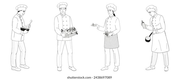 standing smiling chefs male and female characters in uniform preparing food