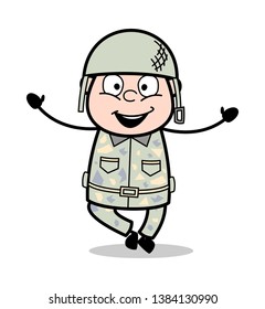 Standing with SMiling Face and Open Handed - Cute Army Man Cartoon Soldier Vector Illustration