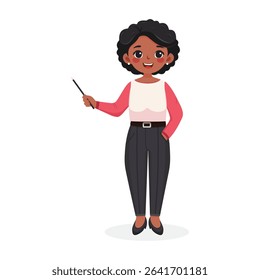 Standing smiling and friendly african american business woman teacher with wooden pointer pencil on white background. Poster, Banner, Flyer. Vector illustration in flat cartoon style