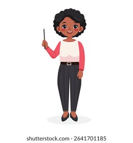 Standing smiling and friendly african american business woman teacher with wooden pointer pencil on white background. Poster, Banner, Flyer. Vector illustration in flat cartoon style