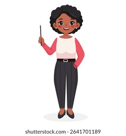 Standing smiling and friendly african american business woman teacher with wooden pointer pencil on white background. Poster, Banner, Flyer. Vector illustration in flat cartoon style