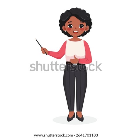 Standing smiling and friendly african american business woman teacher with wooden pointer pencil on white background. Poster, Banner, Flyer. Vector illustration in flat cartoon style