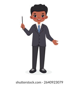 Standing smiling and friendly business african american man teacher in a stylish suit, shows wooden pointer pencil on white background. Poster, Banner, Flyer. Vector illustration in flat cartoon style