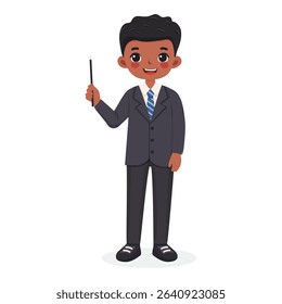 Standing smiling and friendly business african american man teacher in a stylish suit, shows wooden pointer pencil on white background. Poster, Banner, Flyer. Vector illustration in flat cartoon style
