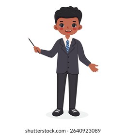 Standing smiling and friendly business african american man teacher in a stylish suit, shows wooden pointer pencil on white background. Poster, Banner, Flyer. Vector illustration in flat cartoon style