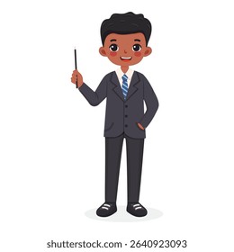 Standing smiling and friendly business african american man teacher in a stylish suit, shows wooden pointer pencil on white background. Poster, Banner, Flyer. Vector illustration in flat cartoon style
