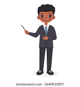 Standing smiling and friendly business african american man teacher in a stylish suit, shows wooden pointer pencil on white background. Poster, Banner, Flyer. Vector illustration in flat cartoon style