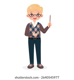 Standing smiling and friendly business man teacher with glasses, with blond hair and jeans. Cartoon character shows wooden pointer pencil on white background. Vector illustration in flat style