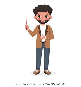 Standing smiling and friendly business man teacher with a beard in a stylish jacket, shows wooden pointer pencil on white background. Poster, Banner, Flyer. Vector illustration in flat cartoon style