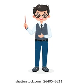 Standing smiling and friendly business man teacher with glasses, shirt, vest, tie and jeans. Cartoon character shows wooden pointer pencil on white background. Vector illustration in flat style