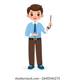 Standing smiling and friendly business man teacher in a shirt and tie, shows wooden pointer pencil on white background. Poster, Banner, Flyer. Vector illustration in flat cartoon style