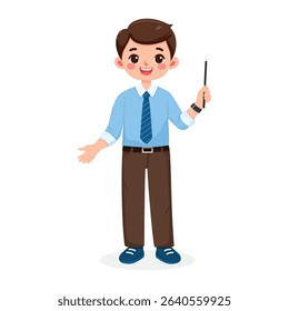 Standing smiling and friendly business man teacher in a shirt and tie, shows wooden pointer pencil on white background. Poster, Banner, Flyer. Vector illustration in flat cartoon style