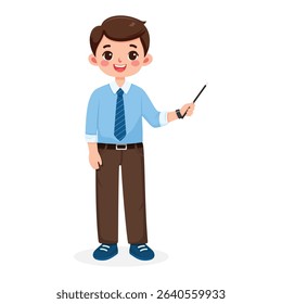 Standing smiling and friendly business man teacher in a shirt and tie, shows wooden pointer pencil on white background. Poster, Banner, Flyer. Vector illustration in flat cartoon style