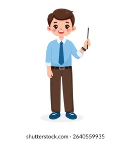 Standing smiling and friendly business man teacher in a shirt and tie, shows wooden pointer pencil on white background. Poster, Banner, Flyer. Vector illustration in flat cartoon style