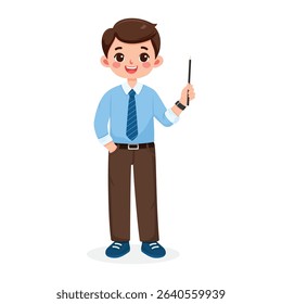 Standing smiling and friendly business man teacher in a shirt and tie, shows wooden pointer pencil on white background. Poster, Banner, Flyer. Vector illustration in flat cartoon style