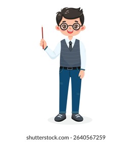Standing smiling and friendly business man teacher with glasses, shirt, vest, tie and jeans. Cartoon character shows wooden pointer pencil on white background. Vector illustration in flat style