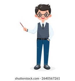 Standing smiling and friendly business man teacher with glasses, shirt, vest, tie and jeans. Cartoon character shows wooden pointer pencil on white background. Vector illustration in flat style