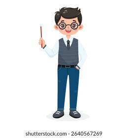 Standing smiling and friendly business man teacher with glasses, shirt, vest, tie and jeans. Cartoon character shows wooden pointer pencil on white background. Vector illustration in flat style