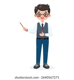 Standing smiling and friendly business man teacher with glasses, shirt, vest, tie and jeans. Cartoon character shows wooden pointer pencil on white background. Vector illustration in flat style