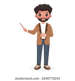 Standing smiling and friendly business man teacher with a beard in a stylish jacket, shows wooden pointer pencil on white background. Poster, Banner, Flyer. Vector illustration in flat cartoon style