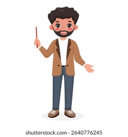 Standing smiling and friendly business man teacher with a beard in a stylish jacket, shows wooden pointer pencil on white background. Poster, Banner, Flyer. Vector illustration in flat cartoon style