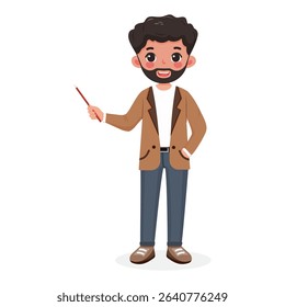Standing smiling and friendly business man teacher with a beard in a stylish jacket, shows wooden pointer pencil on white background. Poster, Banner, Flyer. Vector illustration in flat cartoon style