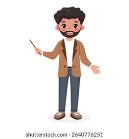 Standing smiling and friendly business man teacher with a beard in a stylish jacket, shows wooden pointer pencil on white background. Poster, Banner, Flyer. Vector illustration in flat cartoon style