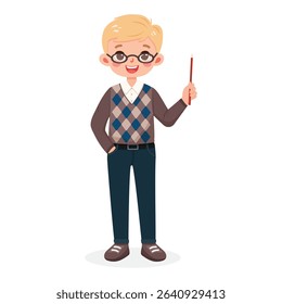 Standing smiling and friendly business man teacher with glasses, with blond hair and jeans. Cartoon character shows wooden pointer pencil on white background. Vector illustration in flat style