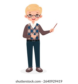 Standing smiling and friendly business man teacher with glasses, with blond hair and jeans. Cartoon character shows wooden pointer pencil on white background. Vector illustration in flat style